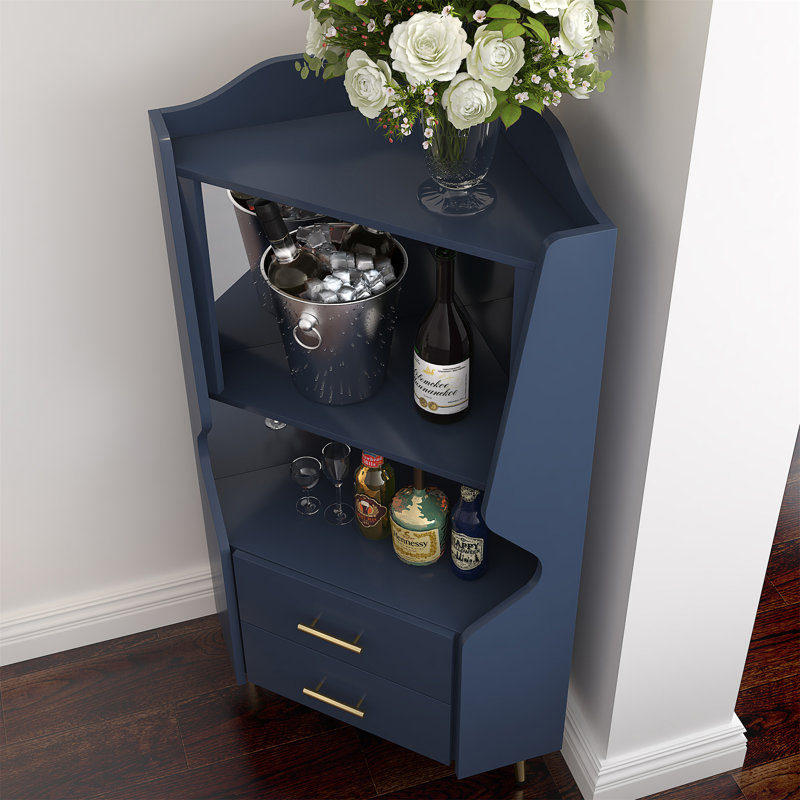 Bar en bois avec 2 tablettes de rangement ouvertes et 2 tiroirs, Bleu