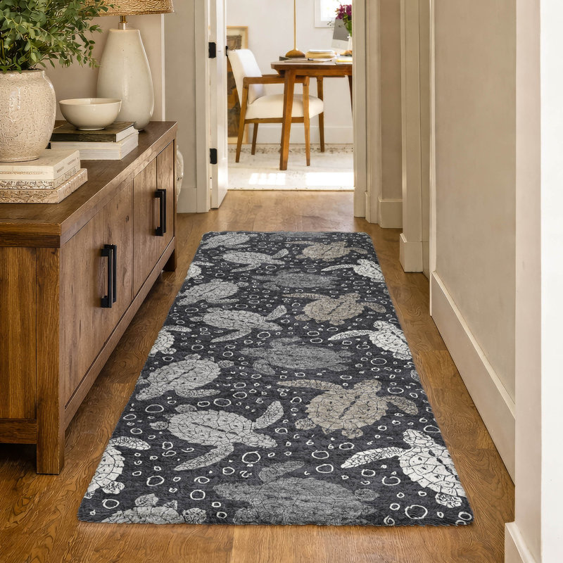 Premium Machine Washable Dream Shag ADS192 Turtles Rug, 2'3" x 7'6" Runner, Midnight