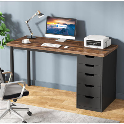 Bureau d'ordinateur 47 po avec 5 tiroirs et armoire réversible, bureau rustique brun et noir avec rangement, table d'écriture moderne pour petits espaces
