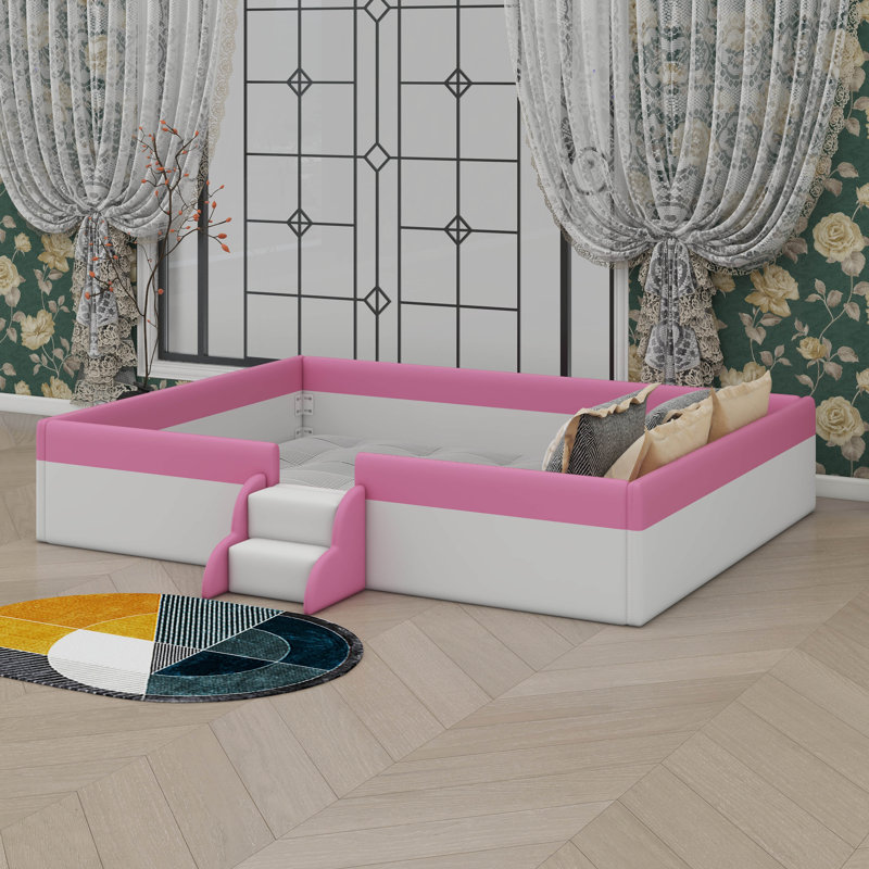Upholstered Daybed Frame With Fence And Stairs, Queen, Pink/White