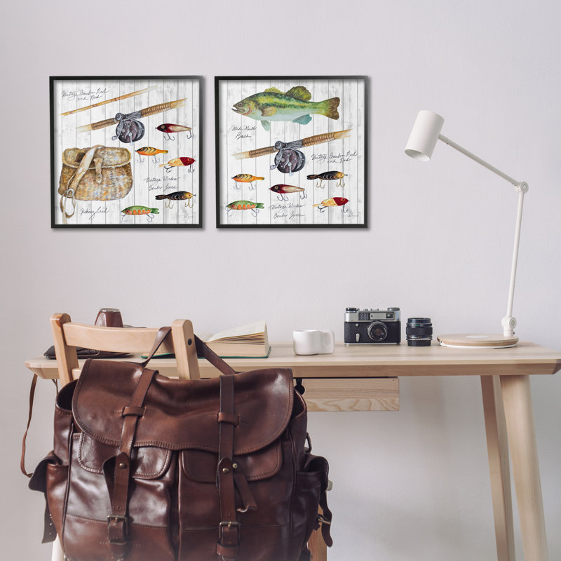 Vintage Fishing Gear 2 PC Giclee Art Set by Patricia Pinto, Midnight Black Framed Giclee, 17" H x 17" W