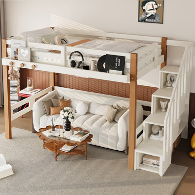 Twin Loft Bed With Clothes Hook And Storage Shelves, Wood Loft Bed Frame With Staircase Storage, Built-In Book Shelves, Ample Under-Bed Space, Beige & Natural Finish