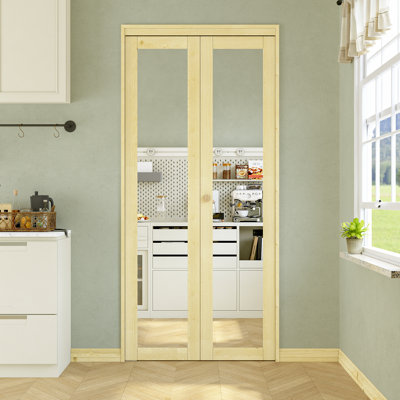 Double Pine Wood Unfinished 1 Lite Mirror Bi-Fold Door With Hardware Kit
