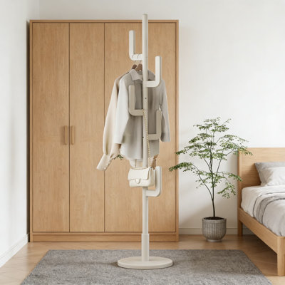 Freestanding Solid Wood Coat Rack With 6 L-Shaped Hooks, Adjustable Height, Sturdy Design For Entryway, Bedroom, And Living Room