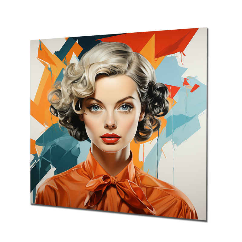 Portrait de femme orange et vert Mid Century II - Pop Art, art mural en métal, H 16 po x l 16 po