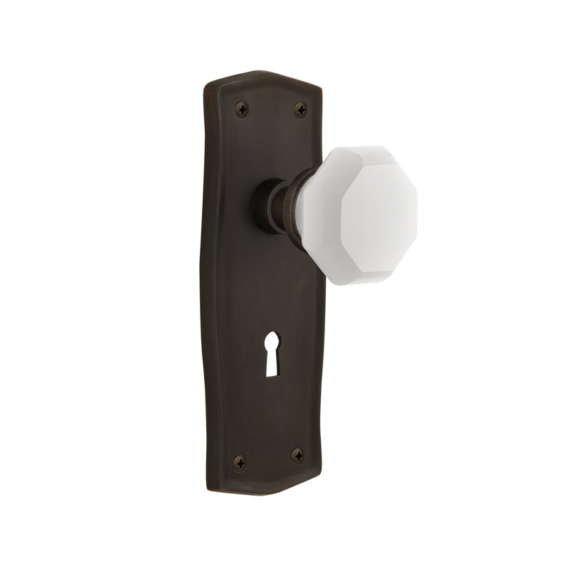 Poignée de porte mortaise intérieure en verre lait blanc avec plaque longue prairie Waldorf, Bronze frotté à l'huile