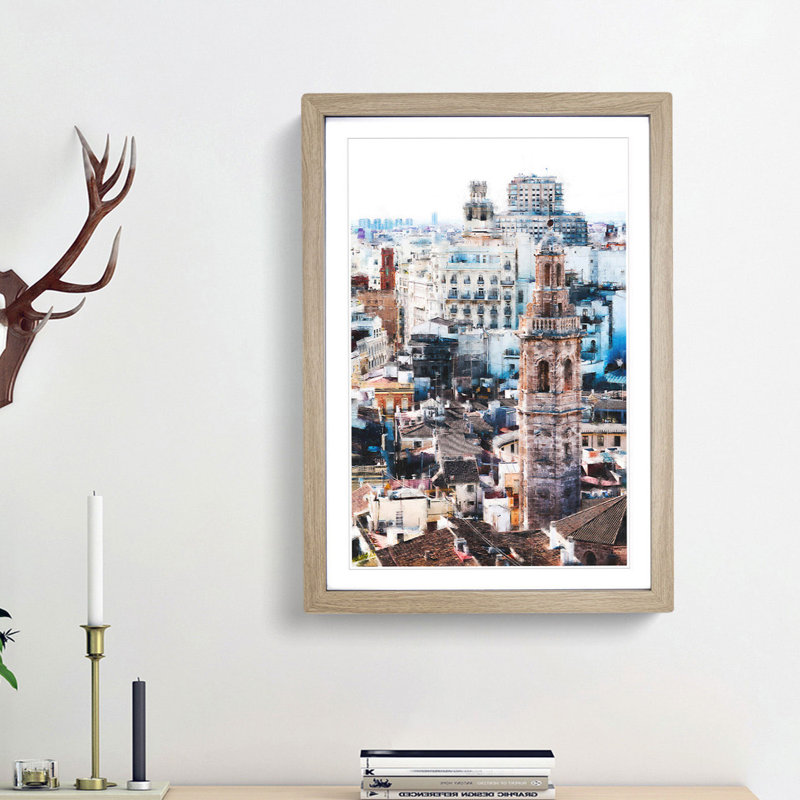 Valencia Skyline in Spain - Framed Print, 63cm H x 45cm W x 2cm D, Oak Framed