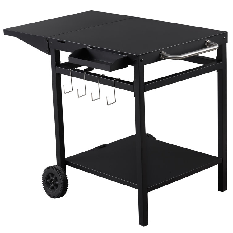 Outdoor Grill Cart Pizza Oven Trolley Stand Double Shelf Outdoor Worktable  With 2 Wheels