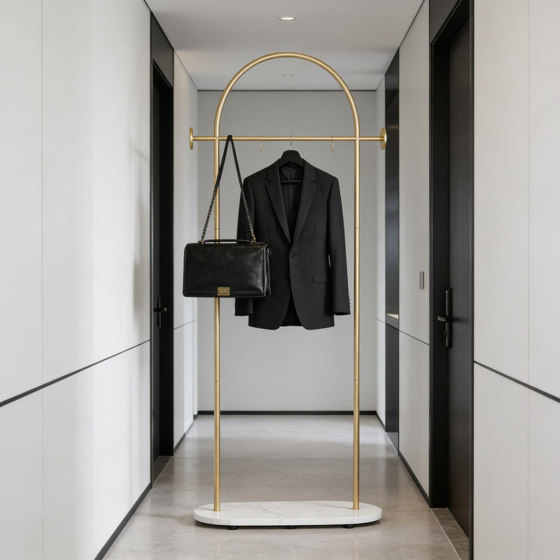Modern Freestanding Coat Rack With Marble Base And Gold Finish, Heavy Duty Clothing Rack With 2 Hooks For Entryway, Bedroom, Living Room, Or Boutique