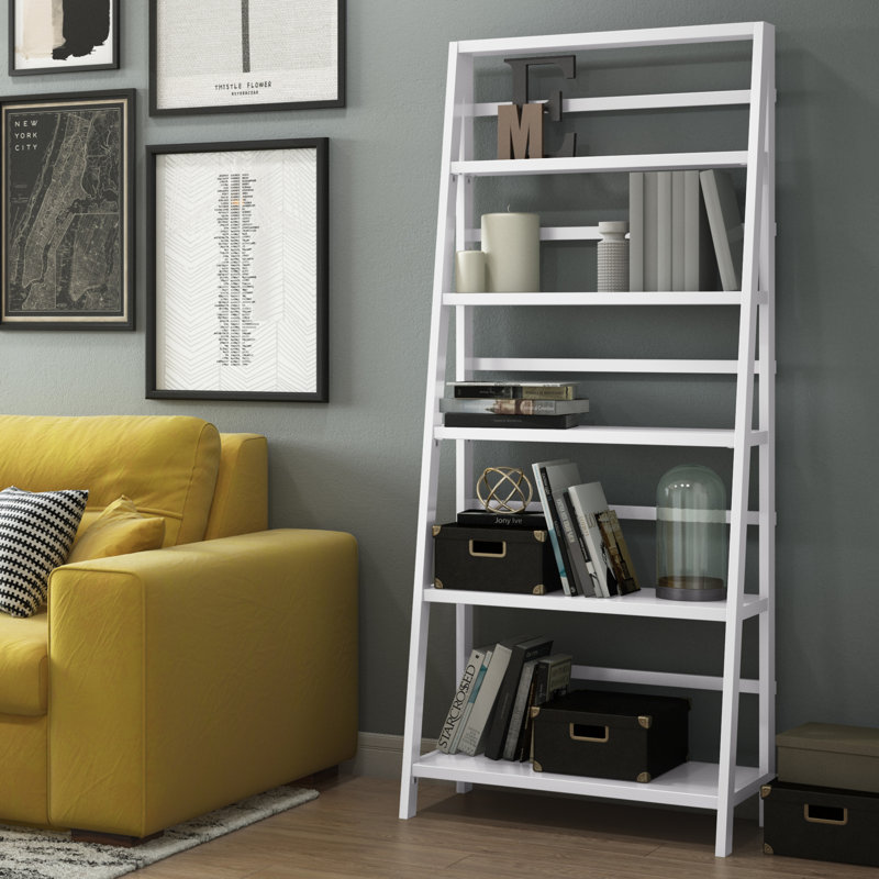 Acadian Solid Wood 5 Shelf Ladder Bookcase with Open Shelves, 72" H x 30" W x 16" D, Brunette Brown
