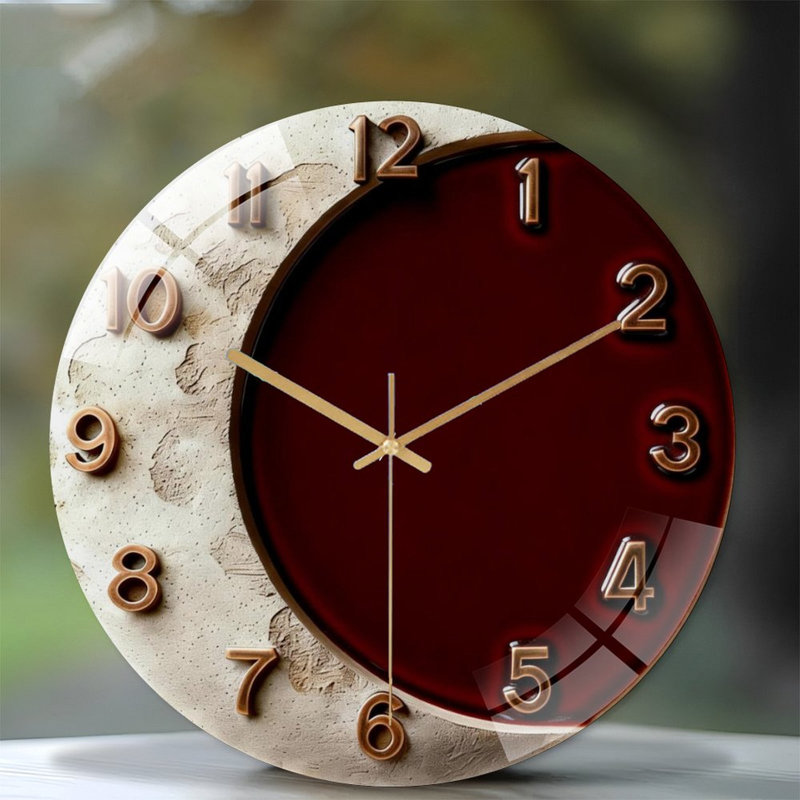 Horloge murale 12 po ronde en verre trempé avec mouvement à quartz silencieux, Bourgogne