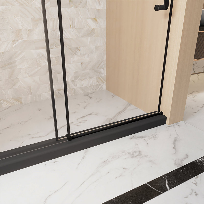Frameless Single Sliding Shower Door  56-60 "W X 76" H, 1/4 "(6 Mm) Clear Tempered Glass, Explosion Proof Film, Stainless Steel Handle Square Tube Track ,Matte Black