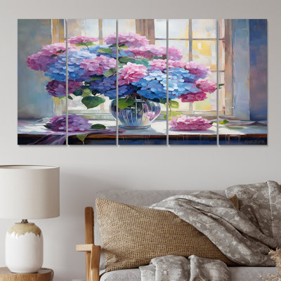 Still Life Vase Hydrangea Bouquet Gentle Pastel II - Hydrangea Canvas Print - 5 Equal Panels