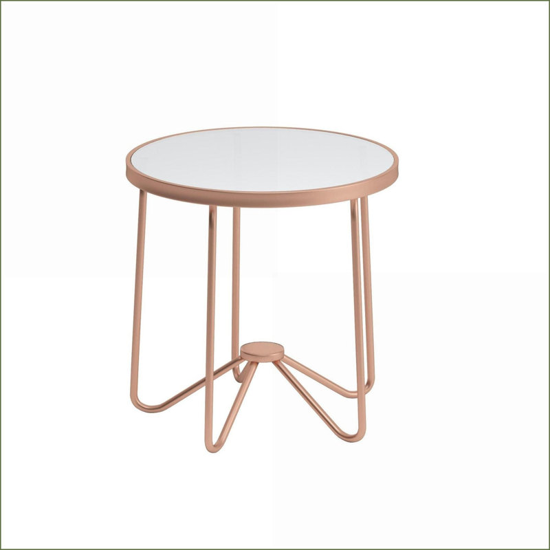 Table basse en métal or rose avec plateau en verre givré, facile à assembler pour un décor de salon élégant