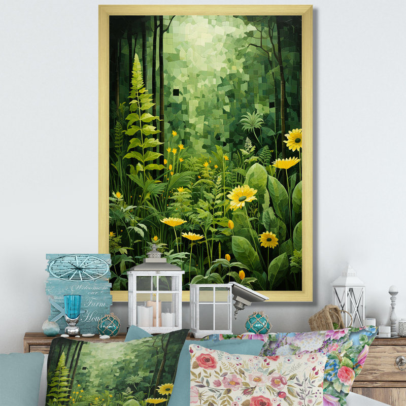 Plantes vertes Reverie Patchwork I - art mural floral salon, H 40 po x l 30 po x P 1,5 po, Encadrement doré