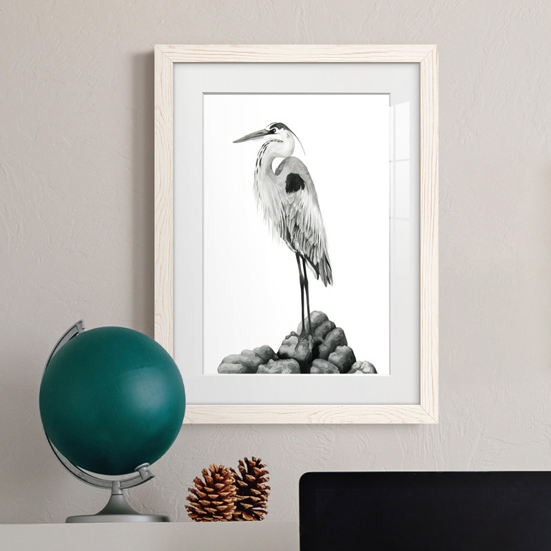 Shoreline Heron In B&W II - peinture encadrée, H 32 po x l 23 po x P 1 po, Blanc