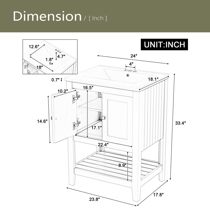 Lavabo de salle de bain moderne élégant en céramique noire 24 po avec tablette ouverte en bois massif, Noir, Argent argent
