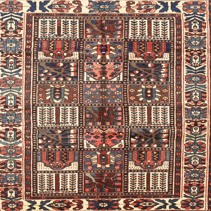 Tapis beige/brun/bleu traditionnel Rukunayake, Carré 5 pi