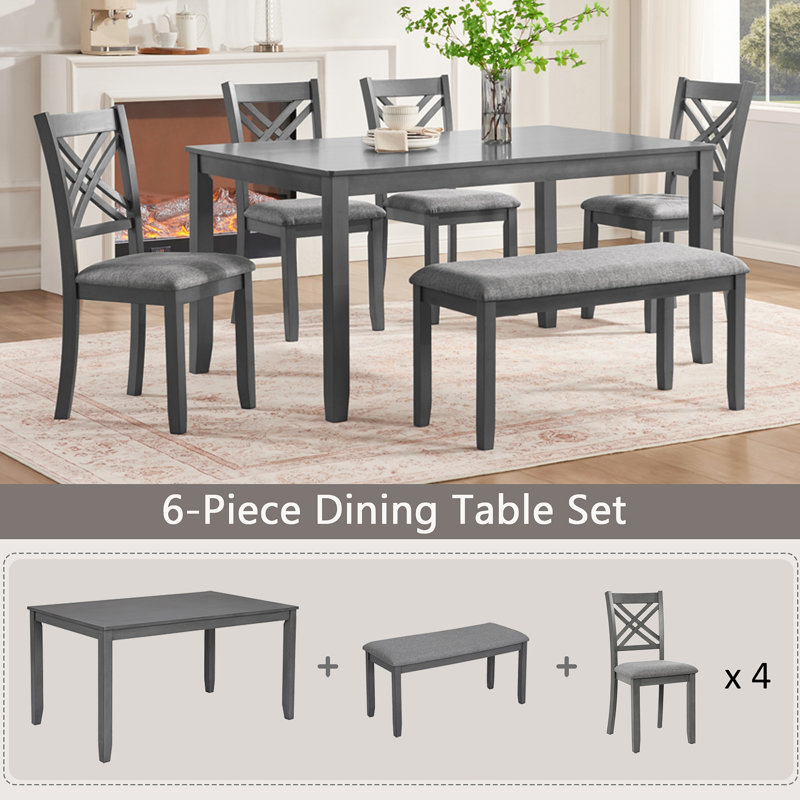Ensemble de salle à manger de cuisine 6 pièces, table de salle à manger rectangulaire en bois avec 4 chaises rembourrées et un banc, ensemble de table de salle à manger