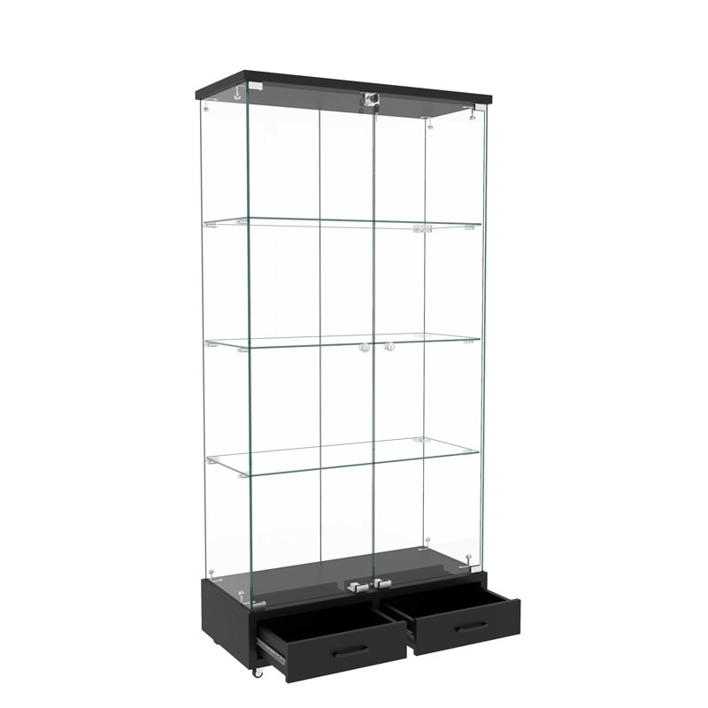 Vitrine moderne en verre avec 2 grands tiroirs, Noir