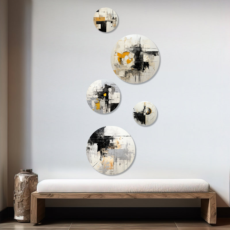 Beige et noir «Divine Simplicity», peinture abstraite, ensemble d'art mural rond sur 5