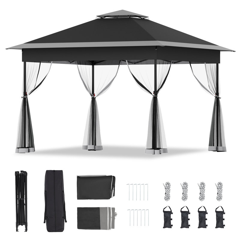 11 pi. L 11 pi. D Pavillon de jardin escamotable en métal avec moustiquaire, Black