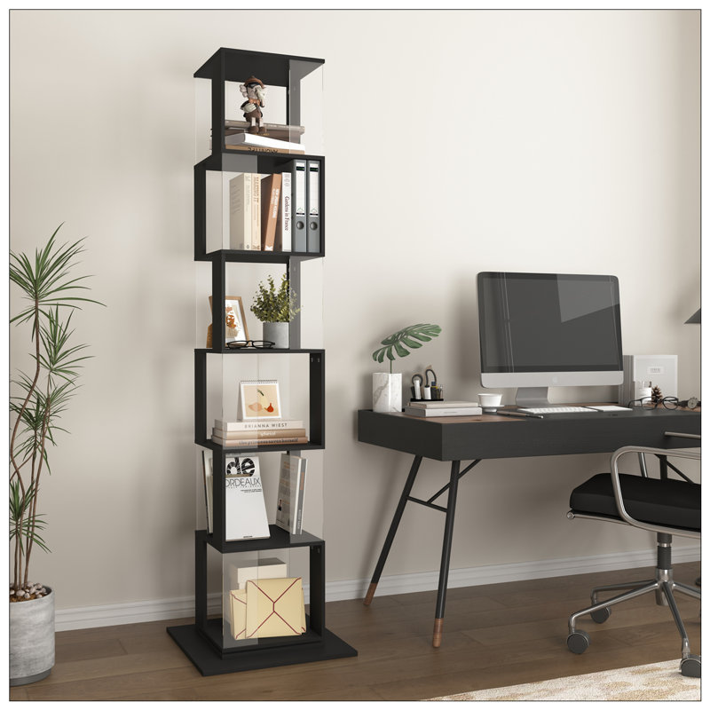 Bibliothèque rotative à 6 niveaux avec plaque en acrylique, multifonction et élégante pour le salon, Noir