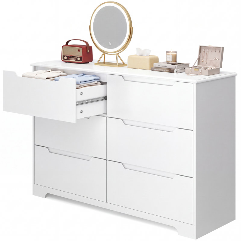 Commode moderne à 3 tiroirs l 23,6 po Michiaki avec poignées encastrées et glissières en métal, Blanc, 6 Drawers