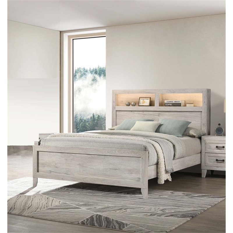 Lit contemporain délavé léger avec tablettes de tête de lit et éclairage, parfait pour les chambres modernes et fonctionnelles