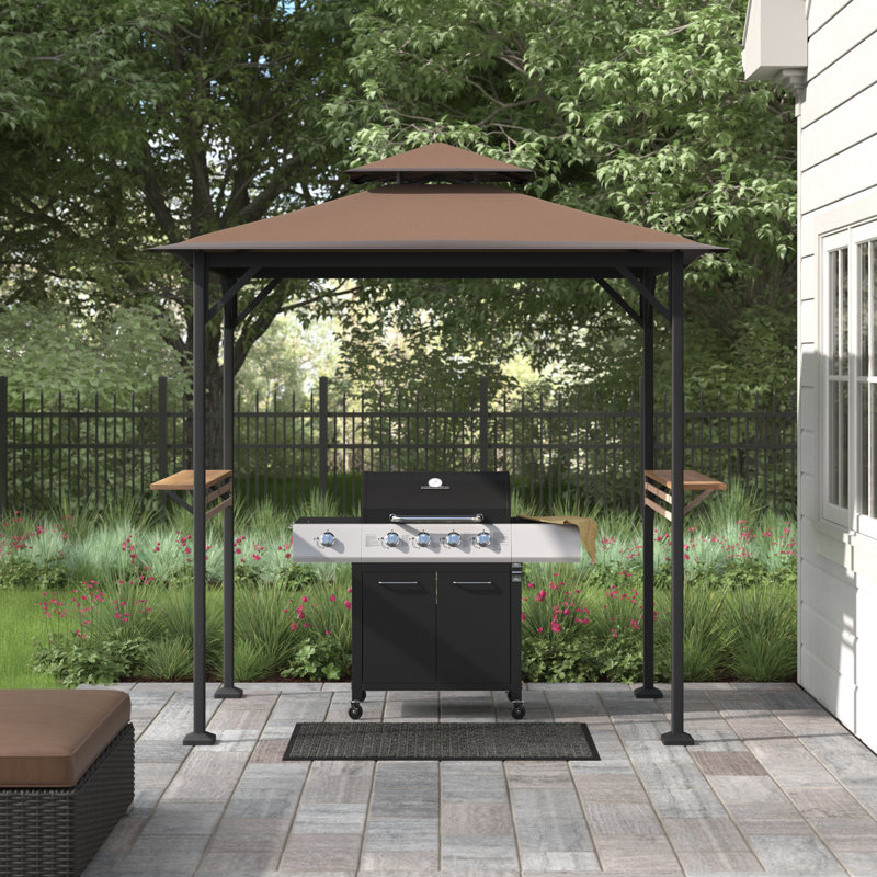 Khaki Double-Tiered Canopy Grill Gazebo with Black Steel Frame