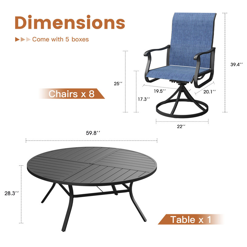 Round Outdoor Dining Set with 60" Metal Dining Table and 8 PVC-coated polyester Swivel Dining Set, Black/Blue