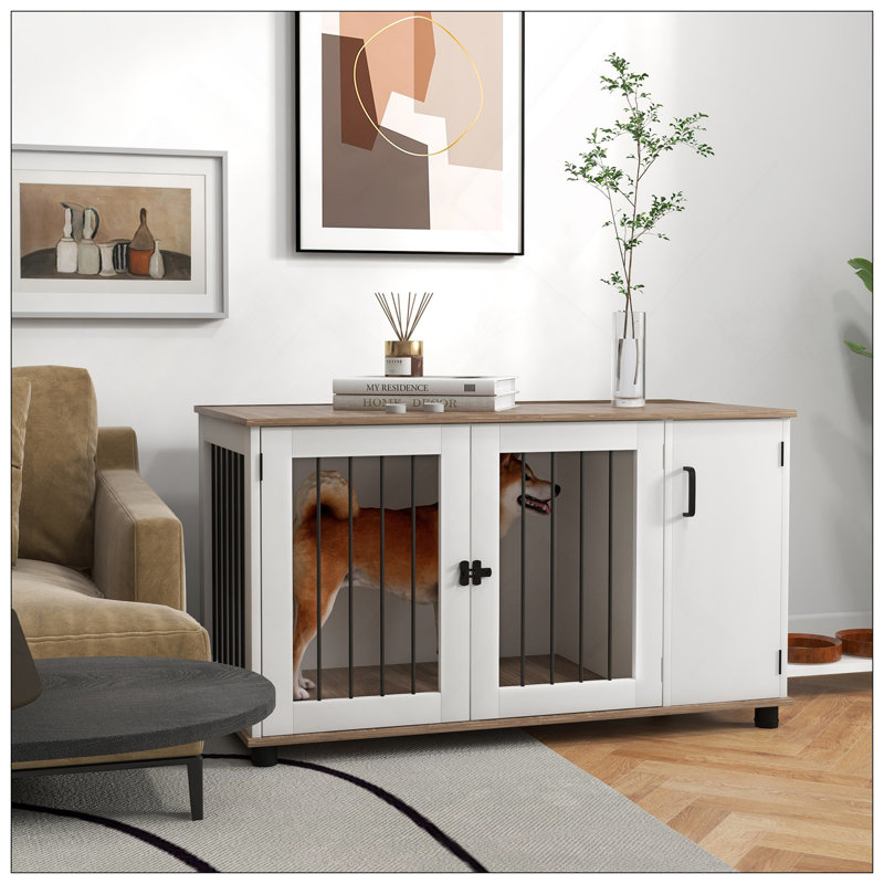 Table de bout d'appoint pour chien avec rangement, portes doubles pour chiens de taille moyenne et grande, finition noyer