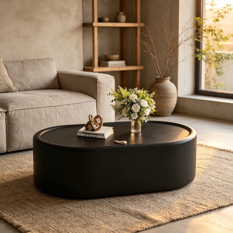 Table basse de rangement ovale cachée 33,46 po - Plateau en verre trempé certifié 3C et cuir noir de qualité supérieure, table basse de rangement moderne pour le salon