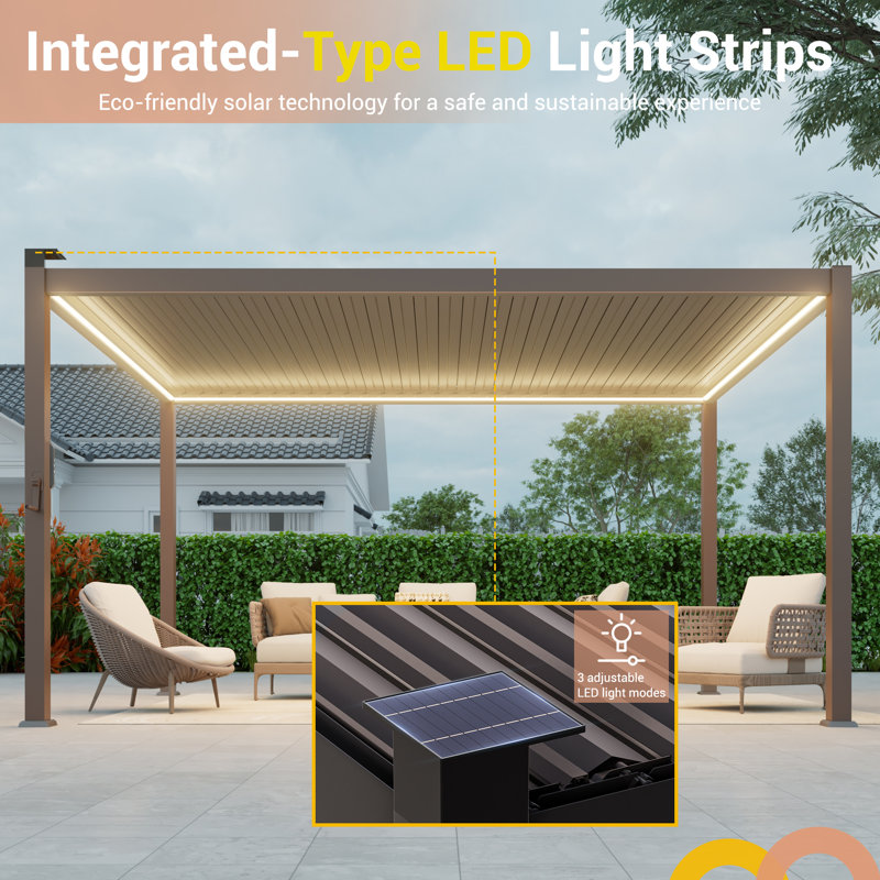 Solar LED Louvered Pergola, Outdoor Pergola with LED Strip Lights & Hardtop Metal Pergola with Adjustable Roof, 10 ft x 13 ft