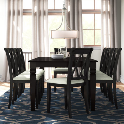 Ensemble de table de salle à manger 9 pièces comprenant une table de cuisine rectangulaire avec rallonge papillon et 8 chaises de salle à manger en tissu de lin, noir