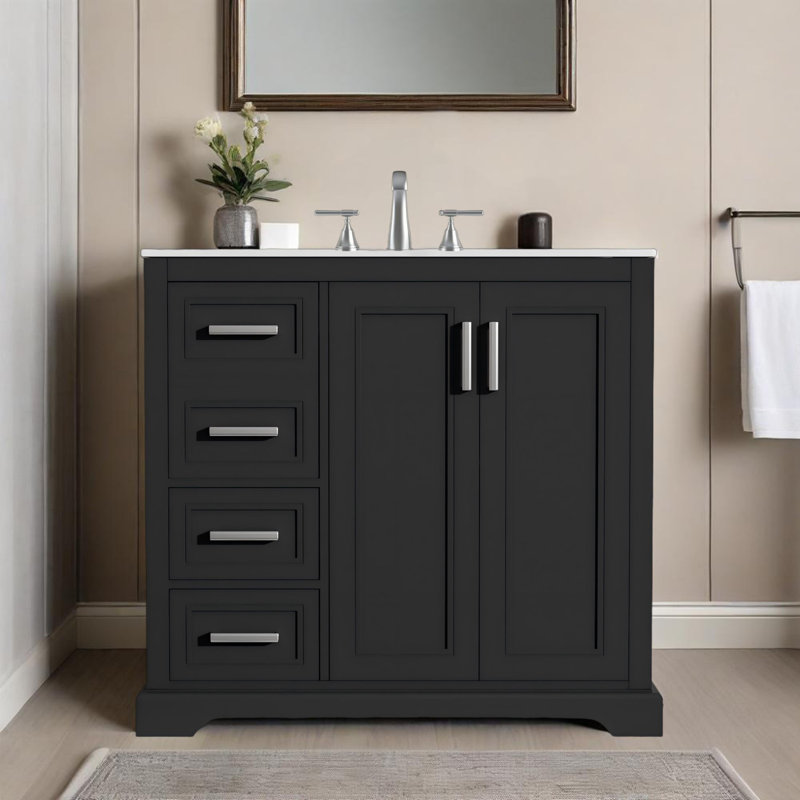 Meuble-lavabo moderne 36 po avec lavabo en céramique, porte à fermeture douce, tablette réglable et 3 tiroirs, Noir