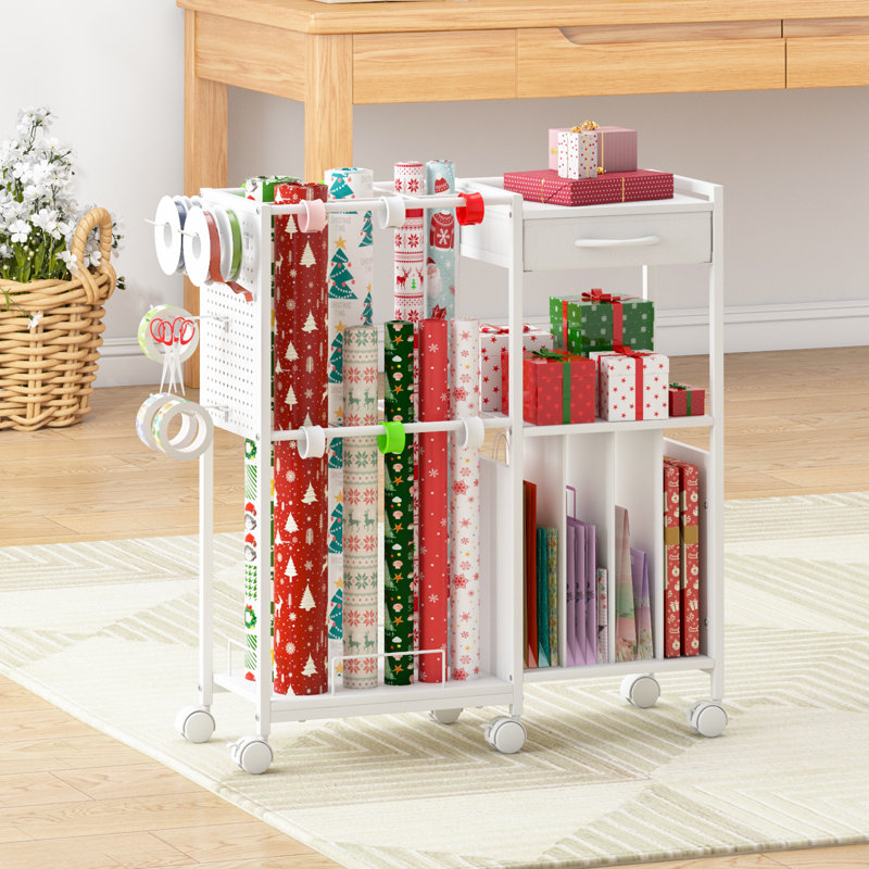 Wrapping Paper Storage Cart with 12PCS Slap Bands, Rolling Organizer with Drawer, Hooks & Brakes, Mobile Gift Wrapping Station for Paper, Bags and Ribbons
