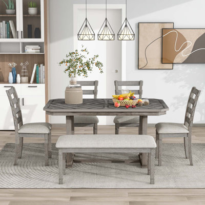 6-Piece Rubber Wood Dining Table Set with Beautiful Wood Grain Pattern Tabletop Solid Wood Veneer and Soft Cushion by Ophelia & Co.