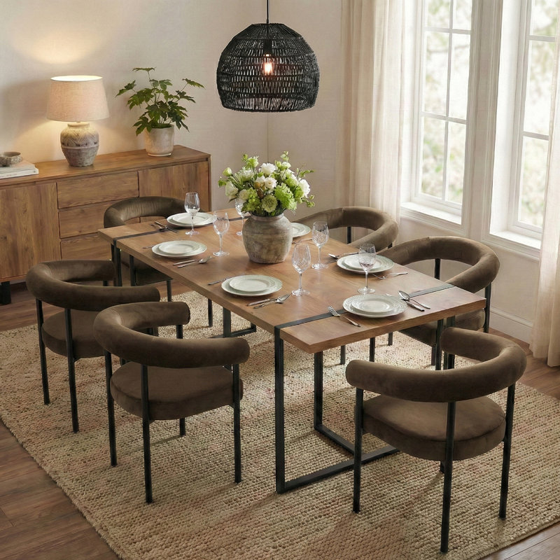 7-Piece Rectangular Dining Table Set With Velvet Upholstered Arm Chairs, Mink