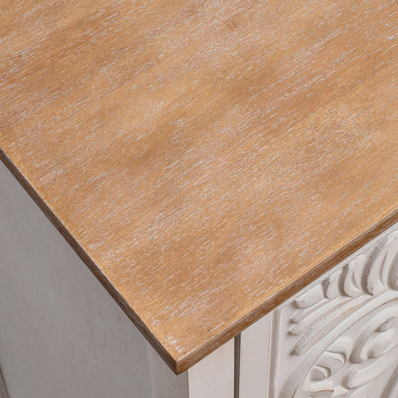 Table de bout 30,5 "de hauteur avec ornement floral rétro sculpté avec tablette de rangement pour le salon, finition naturelle et blanche