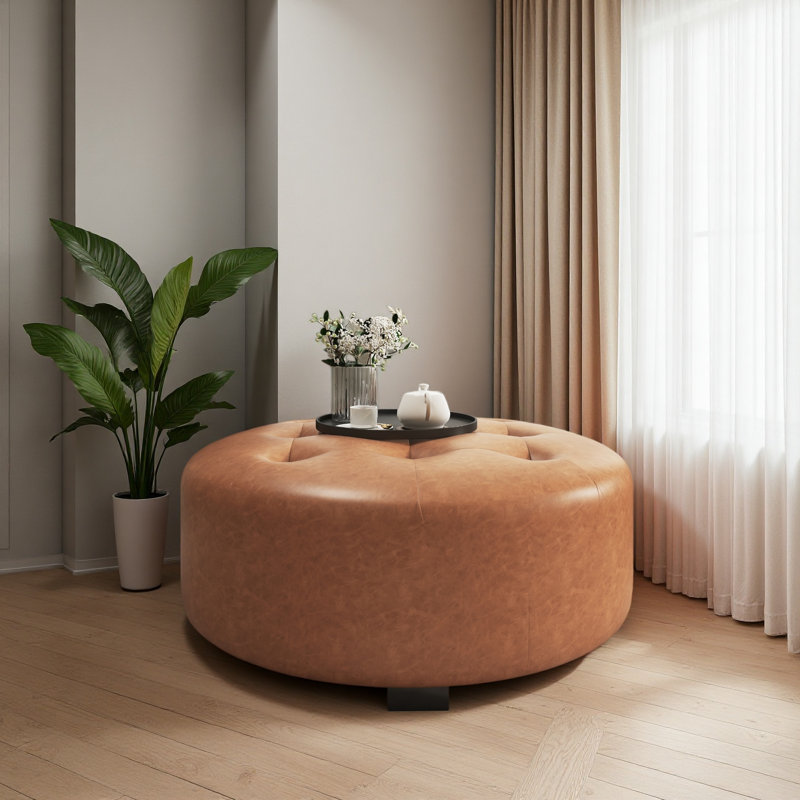 Upholstered Button Tufted Round Ottoman, PU