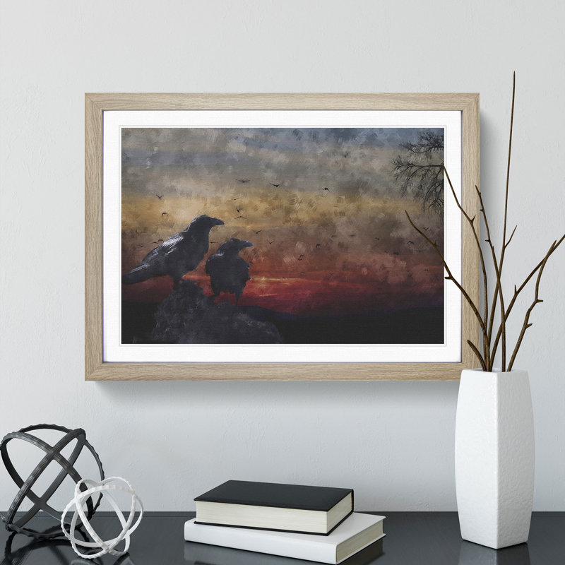 Crows at Sunset - Picture Frame Painting, Oak Framed, 36cm H x 48cm W x 2cm D