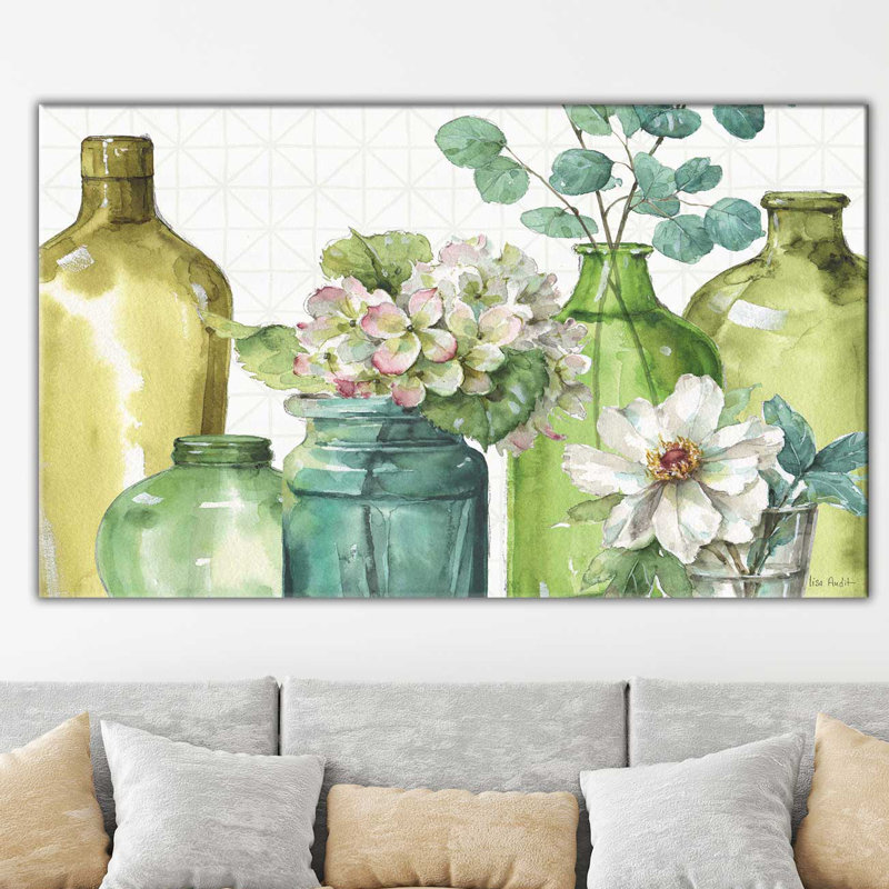 «Mixed Greens XLIX», reproduction de peinture à l'aquarelle sur toile, H 27,5 po x l 43,5 po x P 2 po, Cadre flottant blanc