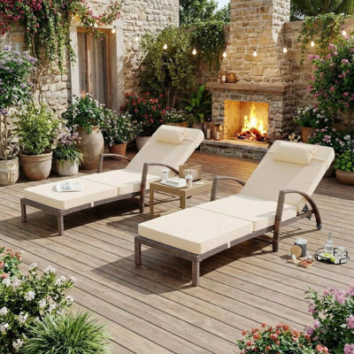 Outdoor Chaise Lounge Set of 2, Weather-Resistant PE Rattan Recliners with 5 Adjustable Positions, Wheels, Armrests, Cushions & Pillows, Collapsible for Poolside, Deck