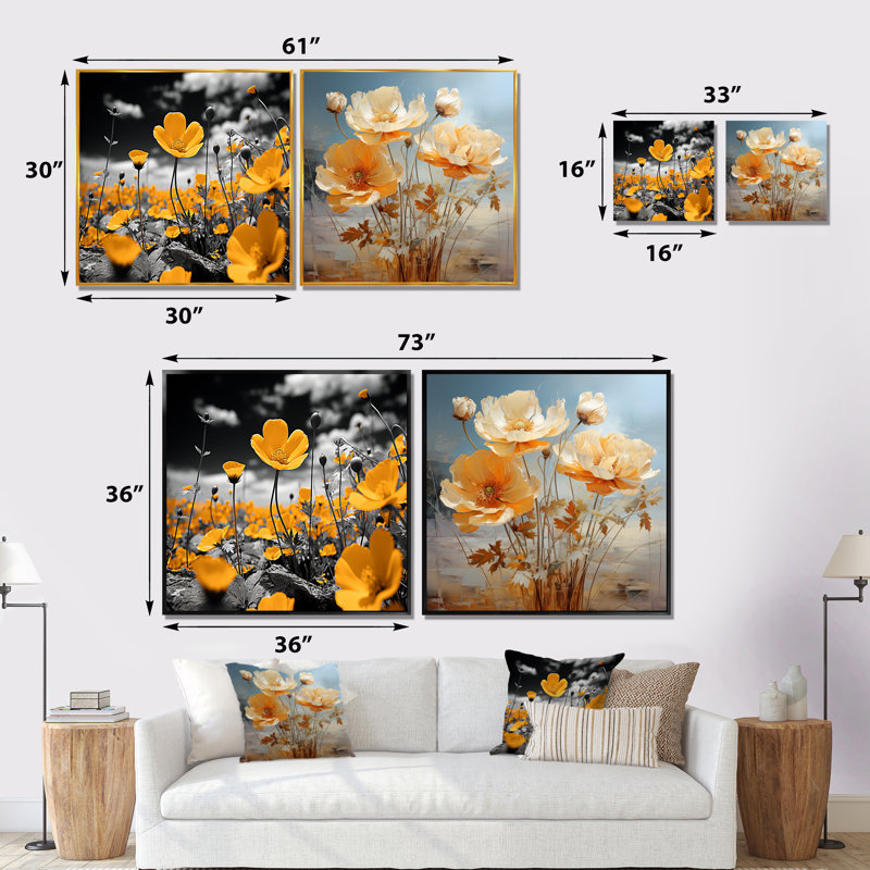 Jaune Buttercups Buttercup Meadow - ensemble de 2 collages floraux carrés, Cadre flottant blanc, H 36 po x l 73 po