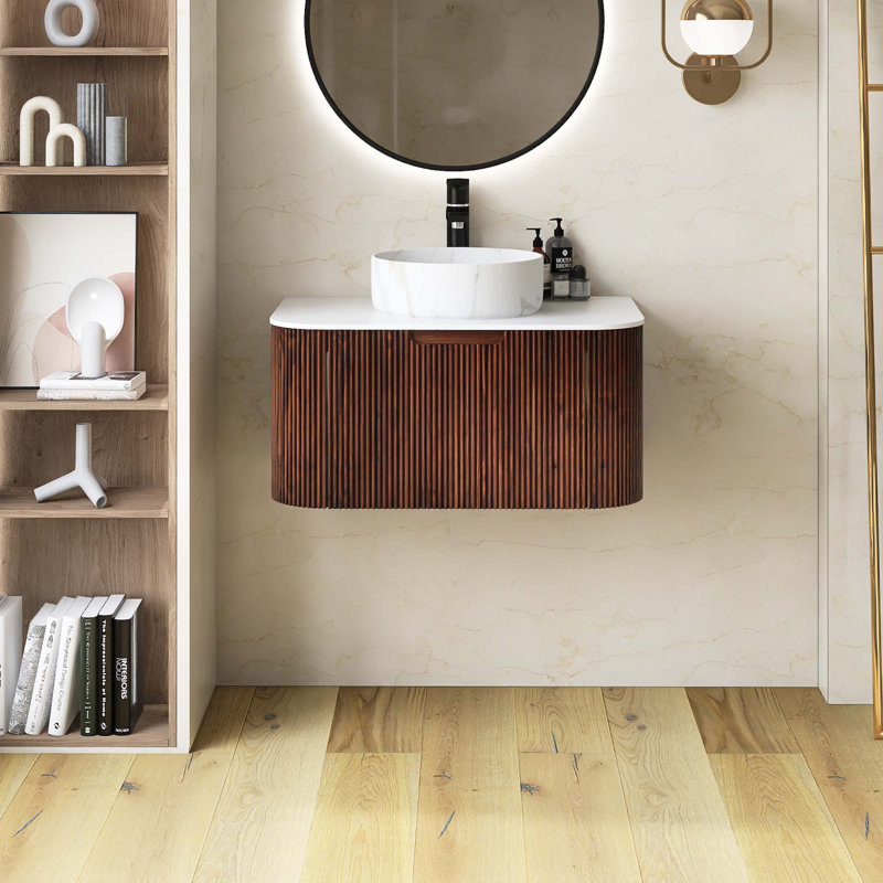 Meuble-lavabo mural rayé à rebords incurvés pré-assemblés avec lavabo, tiroir, lavabo en céramique blanc sans robinet, 30"