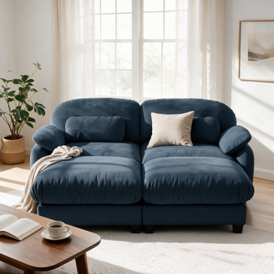Canapé d'angle modulaire 2 places en forme de U, 184 cm de large, en chenille bleue, avec poufs amovibles