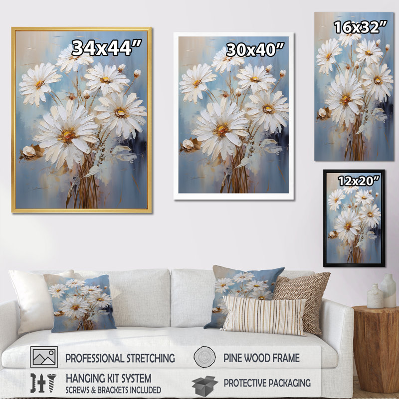 Marguerite blanche en fleurs élégance IV - imprimé, H 32 po x l 24 po x P 1 po, Cadre simple blanc