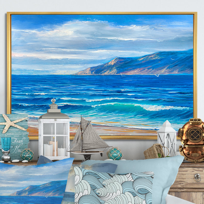 «Morning Sunlight On The Sea Waves», art mural nautique et côtier sur toile, H 8 po x l 12 po x P 1 po, Cadre flottant doré