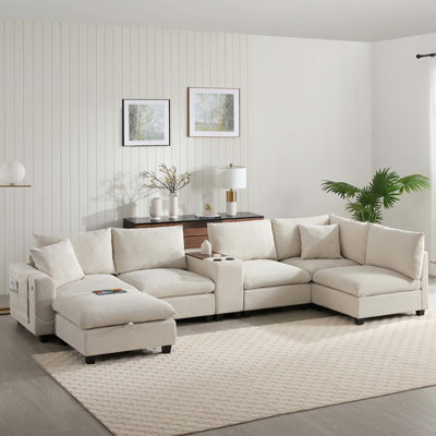 Canapé modulaire en forme de U de 139 po avec console, canapé en velours côtelé en L surdimensionné avec siège large, chargeur USB, porte-gobelets, repose-pieds mobile, poches de rangement, 6 sièges pour le salon